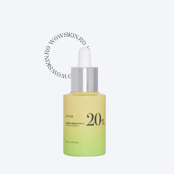 Anua Green Lemon Vita C Blemish Serum estompează petele pigmentare și uniformizează tenul cu vitamina C naturală. Ser iluminator coreean ideal pentru ten tern sau cu imperfecțiuni.